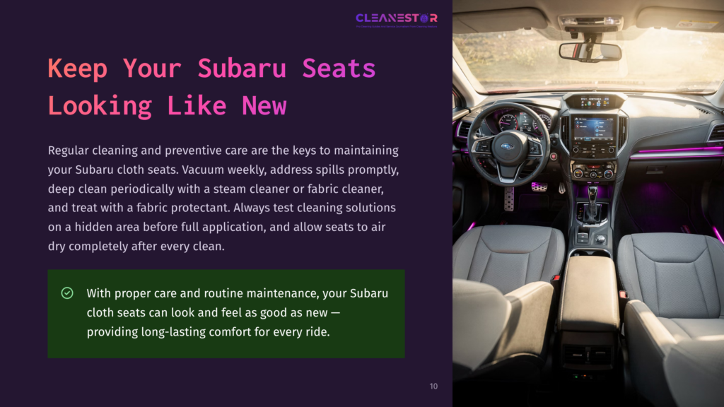 Interior Of A Subaru, Focusing On The Dashboard And Front Seats. The Dashboard Has A Large Infotainment Screen And Ambient Purple Lighting. The Seats Are A Light Gray Fabric, And The Overall Impression Is Clean And Well-Maintained.