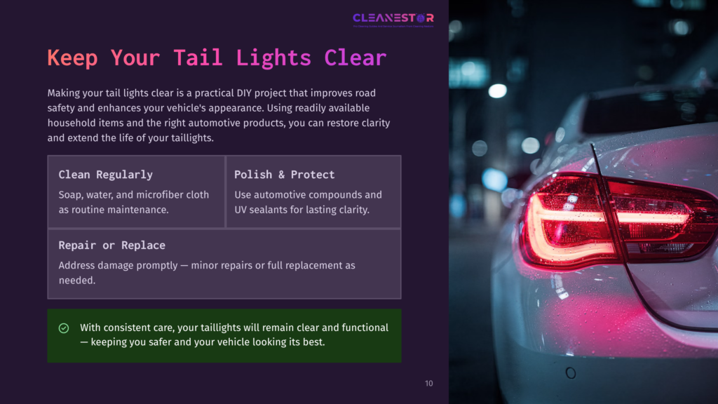 10 Keep Your Tail Lights Clear Close-Up Of A Wet, Red Led Taillight On A Modern Car At Night, Showing A &Quot;Cleanestor&Quot; Logo And Text About Keeping Tail Lights Clear For Safety And Appearance.
