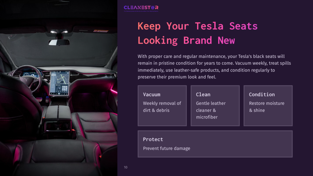 Interior Of A Tesla With Pristine Black Leather Seats, Ambient Purple Lighting, And A Digital Dashboard. Text Overlay Reads &Quot;Cleanestor&Quot; And &Quot;Keep Your Tesla Seats Looking Brand New&Quot;.