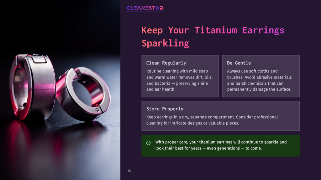10 Keep Your Titanium Earrings Sparkling Close-Up Of Two Shiny Titanium Hoop Earrings, One Slightly Open, On A Dark, Reflective Surface. Text Overlay Reads &Quot;Cleanestor&Quot; And &Quot;Keep Your Titanium Earrings Sparkling&Quot;.