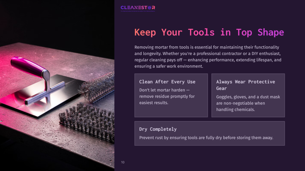 A Trowel And Brush Are Shown On A Dark Surface, With Text Overlayed That Reads &Quot;Cleanestor&Quot; And &Quot;Keep Your Tools In Top Shape.
