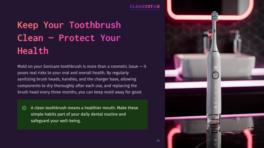A Sleek, Modern Silver Sonicare Electric Toothbrush With Blue Bristles Rests On A Dark, Reflective Surface In A Bathroom With Neon Pink Lighting. The Text &Quot;Cleanestor&Quot; Is Visible At The Top.