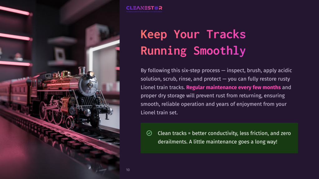 10 Keep Your Tracks Running Smoothly Close-Up Of A Vintage Lionel Train Set With A Gleaming Copper And Brass Locomotive On A Detailed Track, Illuminated By Soft Pink And Purple Lighting. Text Reads: &Quot;Cleanestor - Keep Your Tracks Running Smoothly.