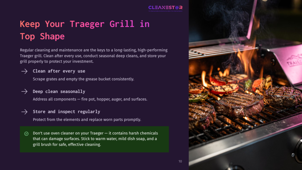 Close-Up Of A Traeger Grill At Night, With Steaks And Vegetables Cooking Over Flames. Text Overlay: &Quot;Keep Your Traeger Grill In Top Shape.