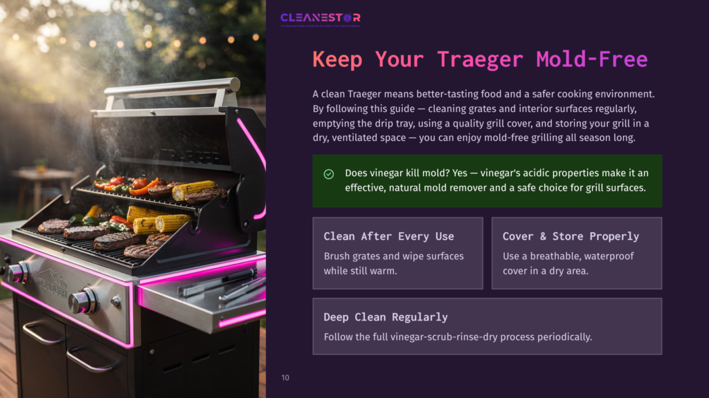 A Traeger Grill With Steaks And Corn On The Cob Cooking, Illuminated By Pink Led Lights. Text Overlay Reads: &Quot;Cleanestor. Keep Your Traeger Mold-Free.
