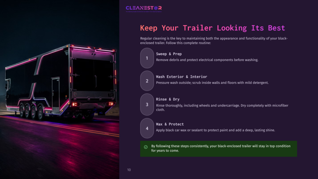 A Black Enclosed Trailer With Neon Pink And Purple Accent Lights Drives Down A Dark Road At Night, Reflecting The Vibrant Lights On The Wet Asphalt.