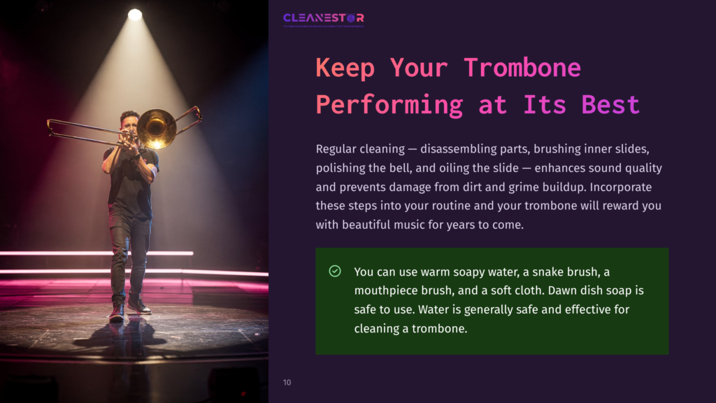 10 Keep Your Trombone Performing At Its Best A Man Plays A Trombone On A Dimly Lit Stage, Spotlight Shining On Him. The Image Is Part Of A &Quot;Cleanestor&Quot; Presentation About Keeping Trombones In Top Performing Condition.