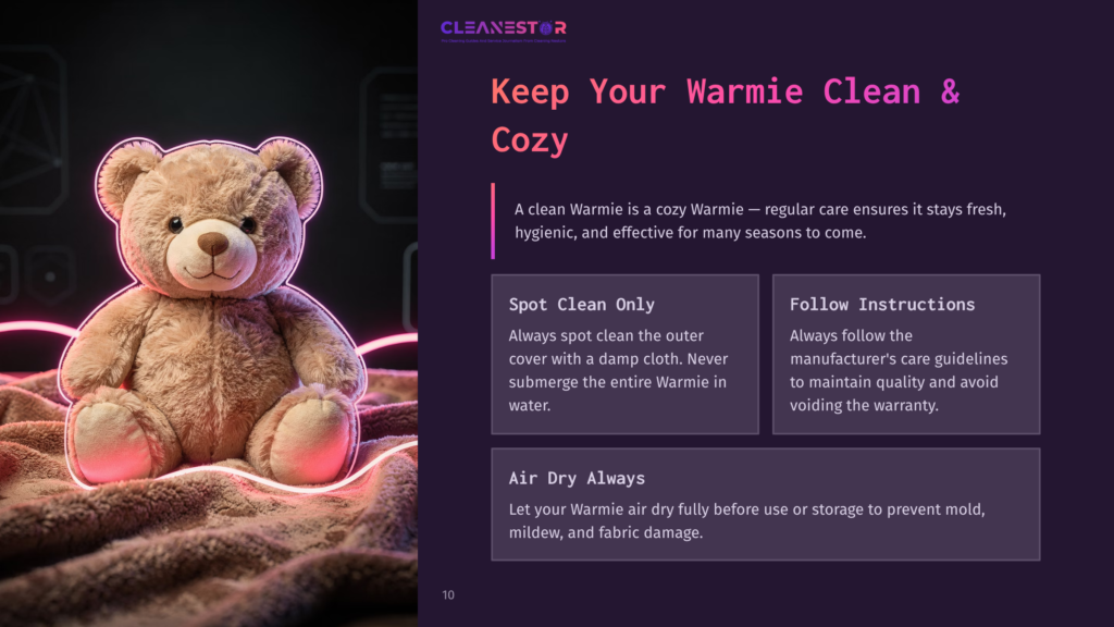 A Fluffy Teddy Bear Sits On A Cozy Blanket, Illuminated By A Soft Pink Neon Glow. Text Overlay Reads &Quot;Cleanestor Keep Your Warmie Clean &Amp; Cozy,&Quot; With Instructions On Cleaning And Care.