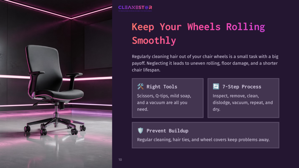 Cleanestor Logo And Text &Quot;Keep Your Wheels Rolling Smoothly&Quot; Over A Modern Black Office Chair With Chrome Accents In A Dimly Lit Room With Purple Neon Lighting.