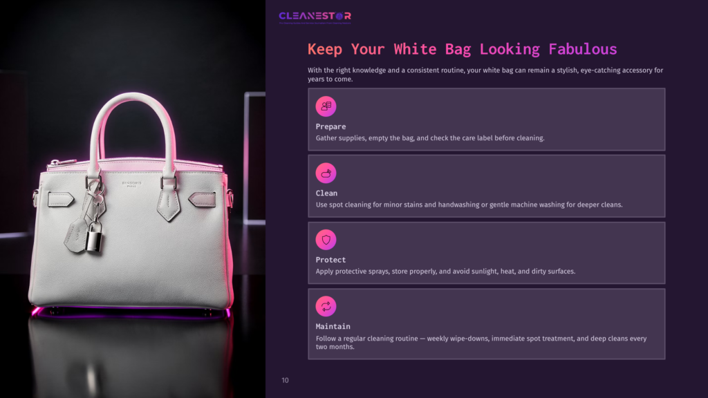A Light Grey Leather Handbag With Gold Hardware Sits On A Dark Surface, With A Purple Glow Emanating From The Right Side. Text Overlay Reads &Quot;Keep Your White Bag Looking Fabulous&Quot; And Provides Tips On Cleaning And Maintaining It.