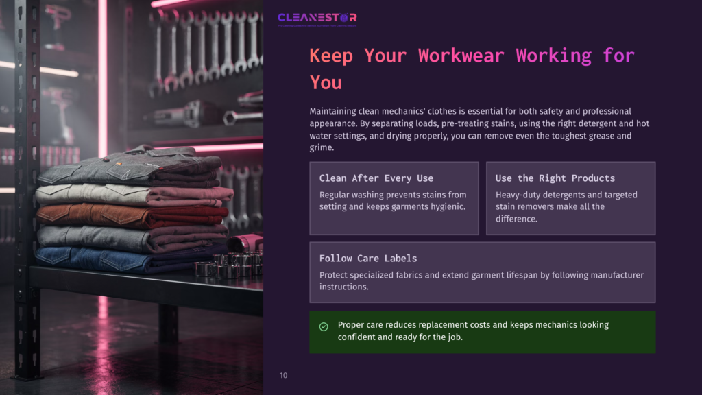 Stack Of Neatly Folded Workwear Jeans And Shirts In Various Shades Of Blue And Brown, With Tools In The Background. Text Overlay Reads &Quot;Cleanestor: Keep Your Workwear Working For You&Quot;.