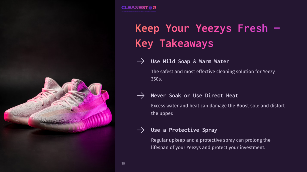 10 Keep Your Yeezys Fresh Key Takeaways A Pair Of White Adidas Yeezy Boost 350S With Pink Accents Sit On A Dark Background, With Text Overlayed: &Quot;Keep Your Yeezys Fresh - Key Takeaways&Quot; And Cleaning Tips.