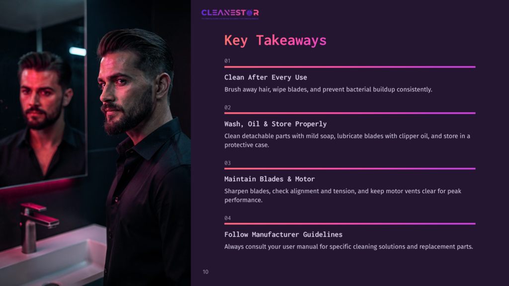 10 Key Takeaways 1 A Man With A Beard Looks Into A Mirror In A Dimly Lit Bathroom, Reflecting On Grooming Tips. The Text &Quot;Cleanestor Key Takeaways&Quot; Is Visible.