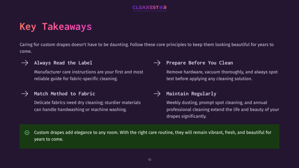 Cleanestor Logo At The Top Of A Dark Purple Slide With A Dark Green Box At The Bottom. The Slide Contains Key Takeaways For Custom Drape Care: Always Read The Label, Match Method To Fabric, Prepare Before You Clean, And Maintain Regularly, With A Checkmark Next To The Last Point.