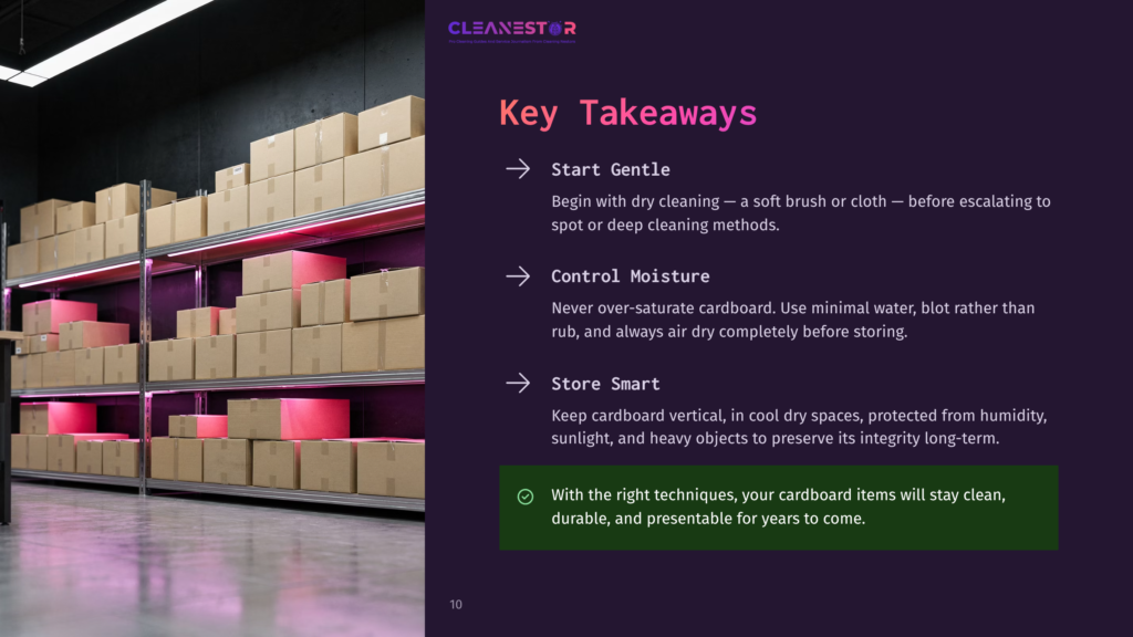 Cleanestor Logo With Text &Quot;Key Takeaways&Quot; And Bullet Points: &Quot;Start Gentle,&Quot; &Quot;Control Moisture,&Quot; &Quot;Store Smart,&Quot; And A Checkmark With Text About Keeping Cardboard Items Clean, Dry, And Presentable.