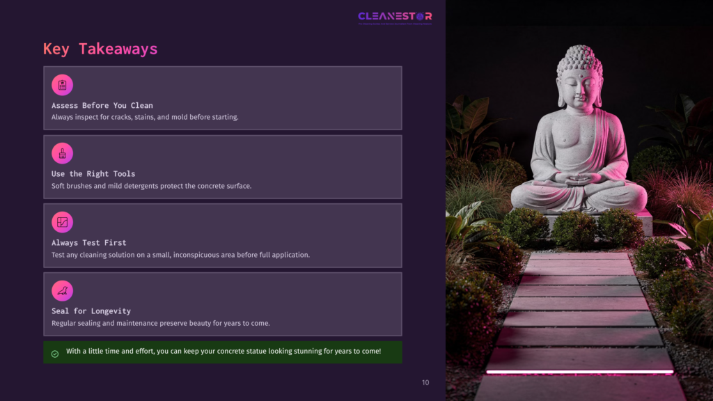 10 Key Takeaways 104 A Serene, Grey Stone Buddha Statue Sits Meditating In A Lush Garden At Night, Illuminated By Soft Lighting. A Stone Pathway Leads To The Statue, Surrounded By Dark Green Foliage And Pinkish-Purple Uplighting Along The Path'S Edge. The Text &Quot;Cleanestor&Quot; Is Visible At The Top.