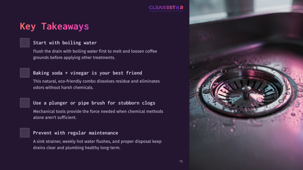 10 Key Takeaways 105 Close-Up Of A Stainless Steel Sink Drain With Water Flowing Around It, With Purple And Pink Lighting Highlighting The Scene. Text Overlay Reads &Quot;Cleanestor&Quot;.