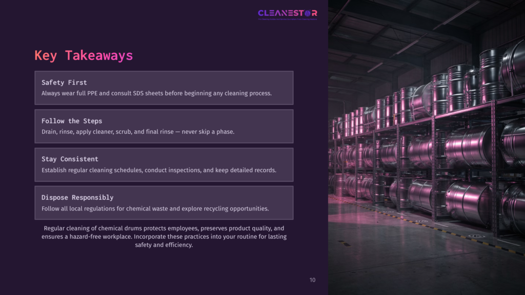10 Key Takeaways 106 A Dark, Industrial Warehouse Filled With Rows Of Large, Shiny Metal Barrels Stacked On Metal Shelves. The Cleanestor Logo And &Quot;Key Takeaways&Quot; Text Are Visible On The Left.