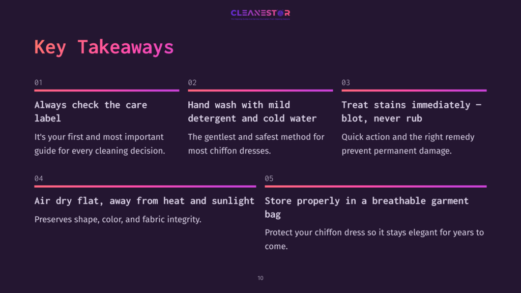 Cleanestor Key Takeaways For Garment Care: Check Labels, Hand Wash With Mild Detergent, Treat Stains Immediately, Air Dry Away From Heat, And Store Properly In A Breathable Bag.