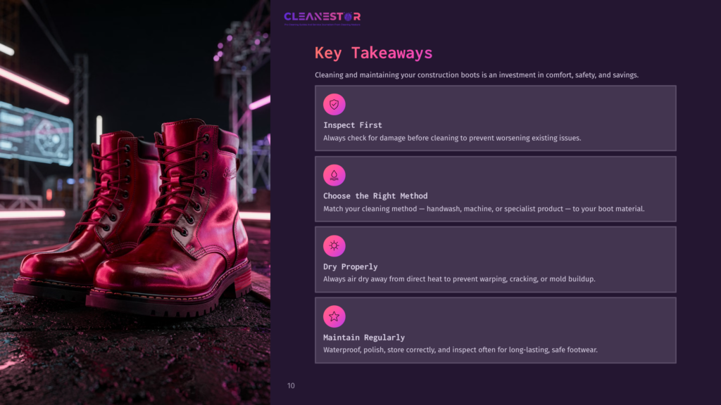 Red Leather Construction Boots With White Stitching And Thick Soles, Resting On A Dark, Wet Surface With Blurred Pink And Purple Neon Lights In The Background.