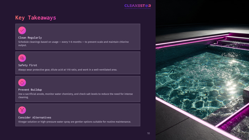 Key Takeaways For Cleanstor: Clean Regularly, Safety First, Prevent Buildup, Consider Alternatives. A Modern, Luxurious Swimming Pool With Vibrant Pink Underwater Lights Reflects On Its Surface.