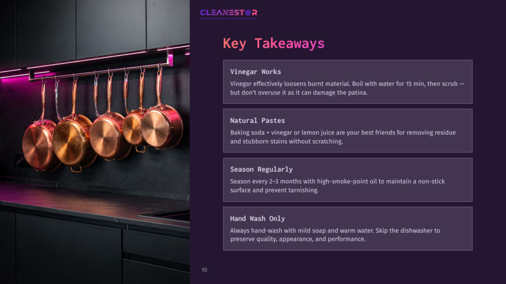 Shiny Copper Pots Hang From A Rack In A Modern Kitchen, Illuminated By Pink Led Lighting. The Image Is Part Of A Presentation Titled &Quot;Cleanestor&Quot; With Takeaways On Cleaning And Maintaining Cookware.