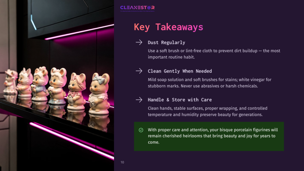 A Row Of Delicate, Vintage Porcelain Figurines Of Bunnies And Bears Sit On A Dark Shelf Illuminated By Vibrant Pink Led Lights. The Text &Quot;Cleanestor&Quot; And &Quot;Key Takeaways&Quot; With Bullet Points About Cleaning Are Visible On The Right.