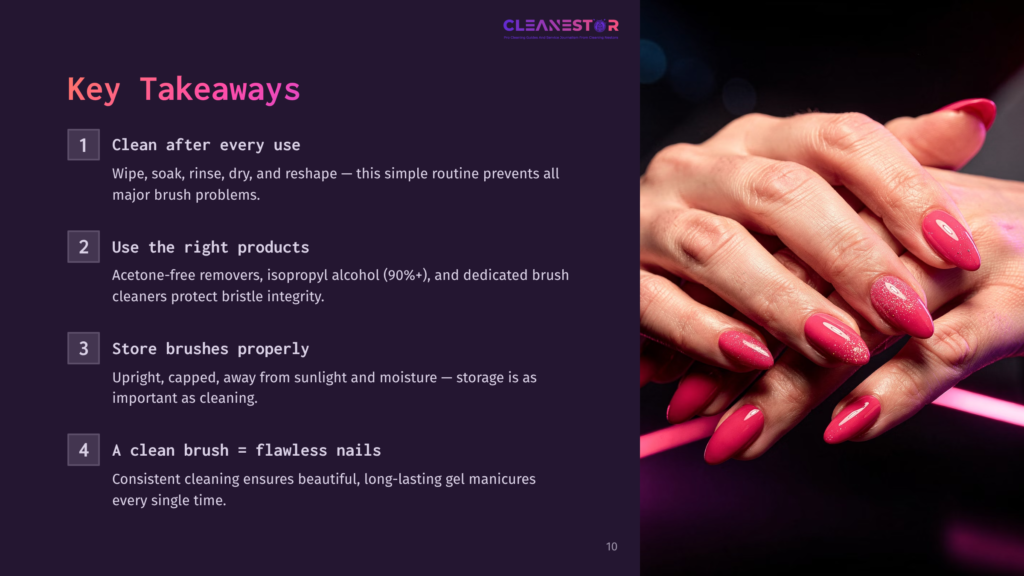 Close-Up Of A Woman'S Hands With Perfectly Manicured, Glossy Pink Gel Nails, Showcasing Healthy Cuticles. The Background Is Dark With A Soft Pink Glow. Text Overlay Reads &Quot;Cleanestor&Quot; And &Quot;Key Takeaways&Quot; With Four Bullet Points About Brush Care.