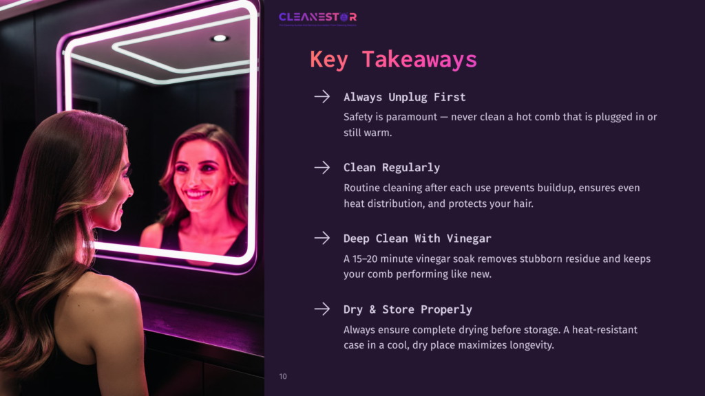 10 Key Takeaways 118 A Woman With Long, Wavy Brown Hair Smiles As She Looks Into A Brightly Lit Mirror, Reflecting Her And The Text &Quot;Cleanestor Key Takeaways&Quot; With Tips On Hot Comb Care.