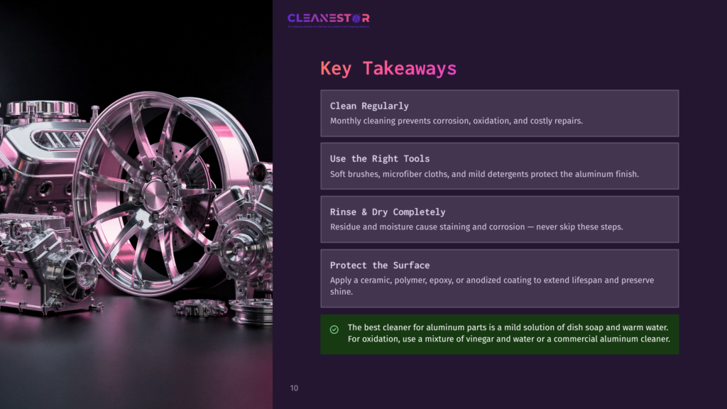 Shiny Chrome Engine Parts And A Detailed Aluminum Wheel Are Displayed Against A Dark Background, With The Text &Quot;Cleanestor&Quot; And &Quot;Key Takeaways&Quot; Visible On The Right.