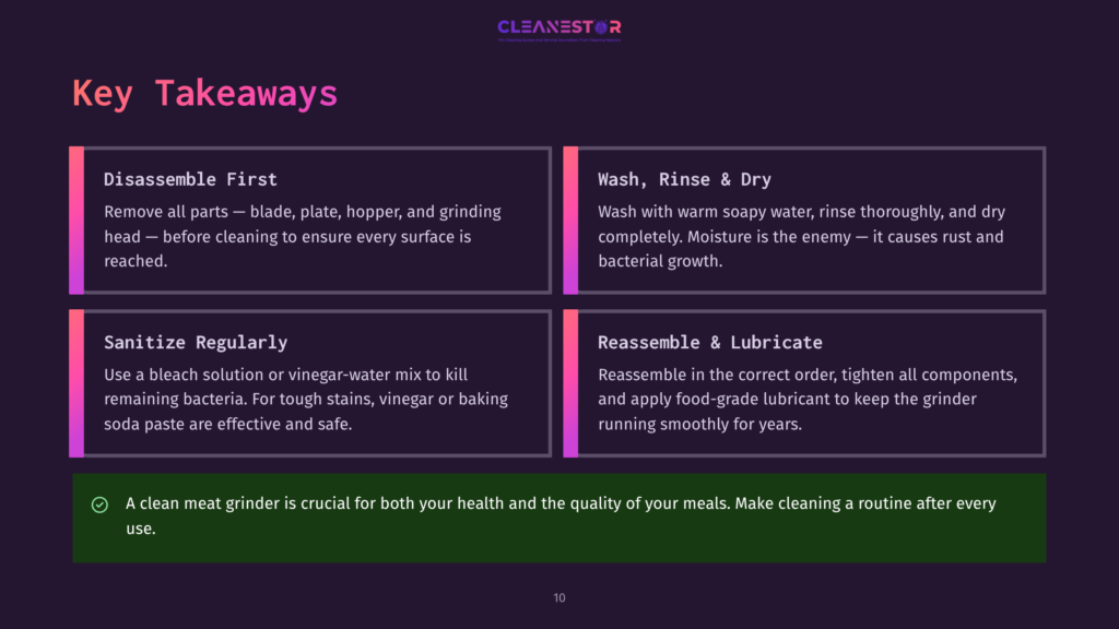 Infographic With Text: &Quot;Key Takeaways&Quot; And Four Key Points For Cleaning A Meat Grinder: Disassemble First, Wash Rinse &Amp; Dry, Sanitize Regularly, Reassemble &Amp; Lubricate. A Green Checkmark With Text: &Quot;A Clean Meat Grinder Is Crucial For Both Your Health And The Quality Of Your Meals. Make Cleaning A Routine After Every Use.