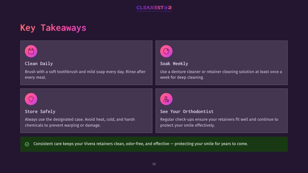 10 Key Takeaways 121 Infographic With Key Takeaways For Cleaning Retainers: Clean Daily, Soak Weekly, Store Safely, And See Your Orthodontist. Features Icons And Bullet Points With Cleaning Instructions.