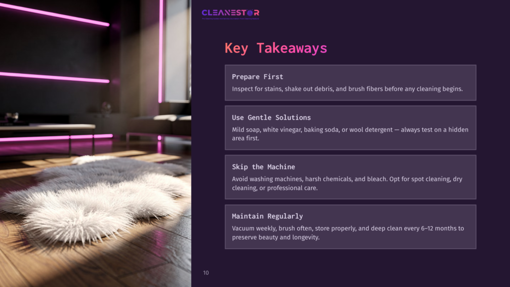 10 Key Takeaways 14 Cleanestor Logo And Key Takeaways For Rug Cleaning: Prepare First, Use Gentle Solutions, Skip The Machine, And Maintain Regularly. The Background Shows A Modern Living Room With A Fluffy White Rug On A Wooden Floor.