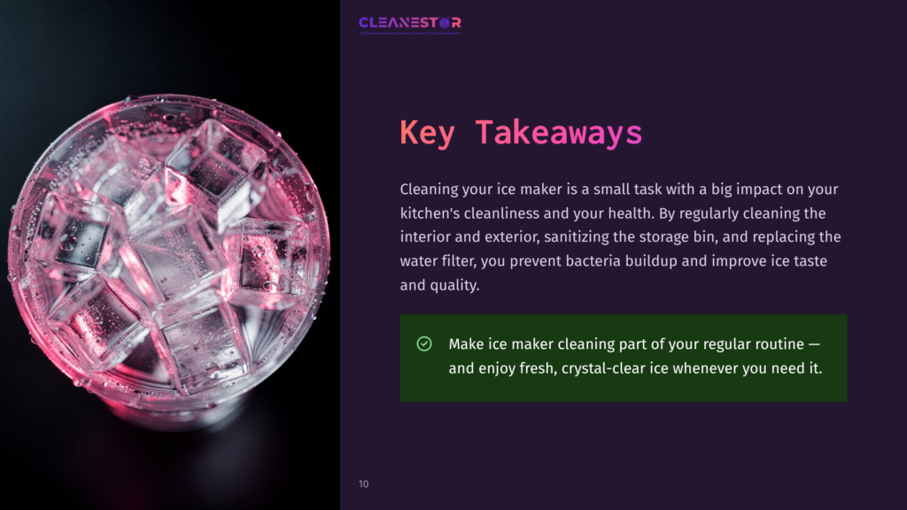 A Close-Up Of A Glass Filled With Ice Cubes, Illuminated By Pink Light, With The Cleanestor Logo And Key Takeaways About Cleaning Ice Makers Visible In The Background.
