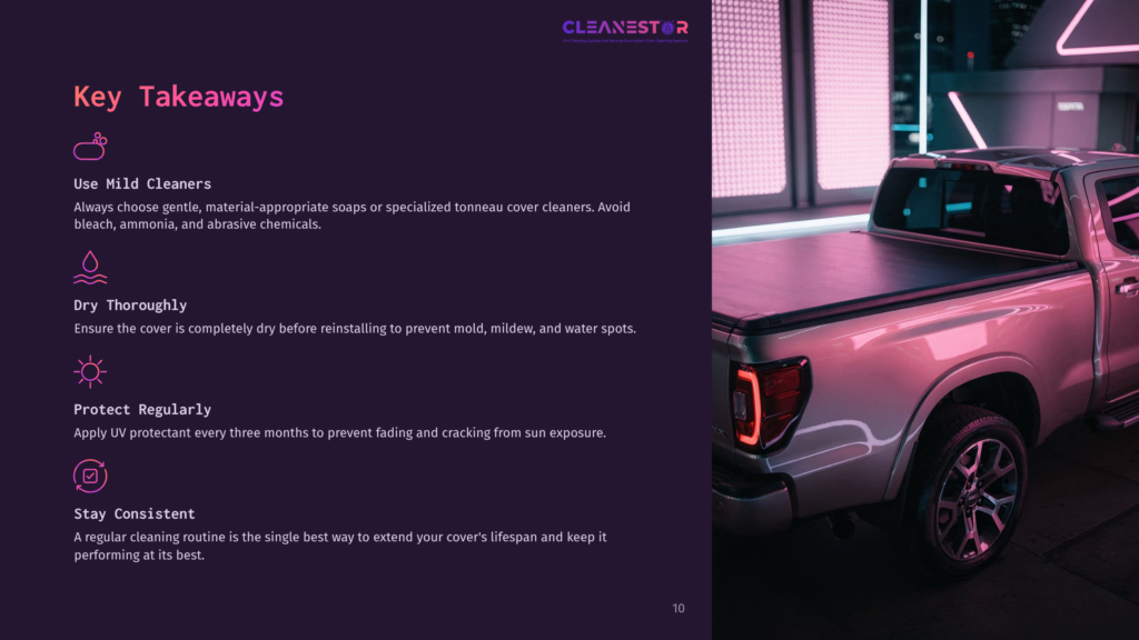 A White Pickup Truck With A Tonneau Cover Is Parked At Night, Illuminated By Neon Pink And Blue Lights. The Image Is Part Of A Cleanestor Presentation About Tonneau Cover Care.