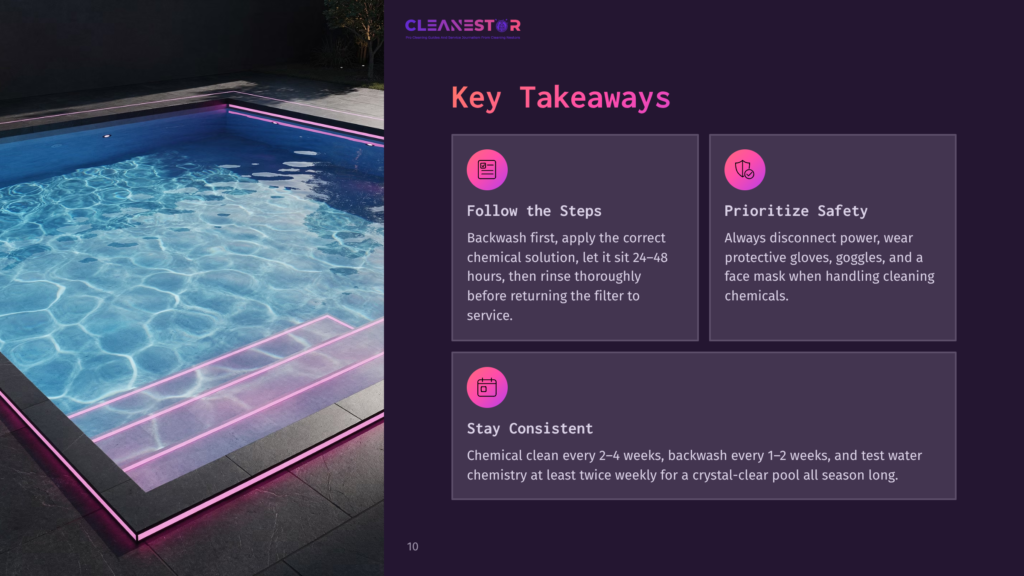 10 Key Takeaways 2 A Luxurious Modern Swimming Pool With Illuminated Steps And A Clean, Crystal-Clear Pool. The Image Features Text Key Takeaways: &Quot;Follow The Steps,&Quot; &Quot;Prioritize Safety,&Quot; And &Quot;Stay Consistent,&Quot; With Icons Representing Each Point.