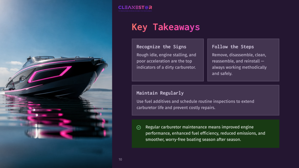 A Sleek, Black Speedboat With Vibrant Pink Accents Glides On Calm, Reflective Water Under A Bright Blue Sky. Text Overlays The Image: &Quot;Cleanestor,&Quot; &Quot;Key Takeaways,&Quot; And Bullet Points About Carburetor Maintenance.