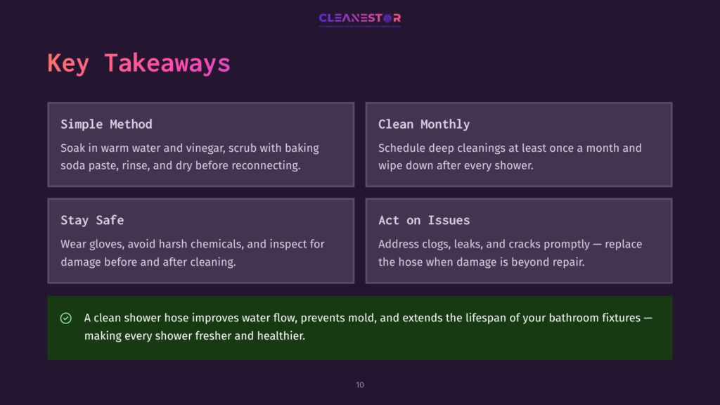 10 Key Takeaways 21 Cleanestor Logo And Key Takeaways For Shower Cleaning: Simple Method, Clean Monthly, Stay Safe, Act On Issues, And A Clean Shower Hose Improves Water Flow, Prevents Mold, And Extends Fixture Lifespan.