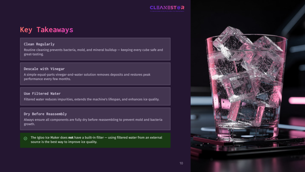 A Close-Up Of A Tall Glass Filled With Ice Cubes And Water, With A Pinkish Hue Reflecting From The Background. The Text &Quot;Cleanestor&Quot; Is Visible At The Top.