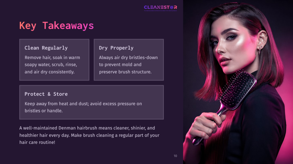 A Woman With Dark Hair And Dramatic Makeup Holds A Black Denman Brush, With The Text &Quot;Cleanestor&Quot; And &Quot;Key Takeaways&Quot; Visible On A Purple Background. The Image Highlights Hair Care Tips.