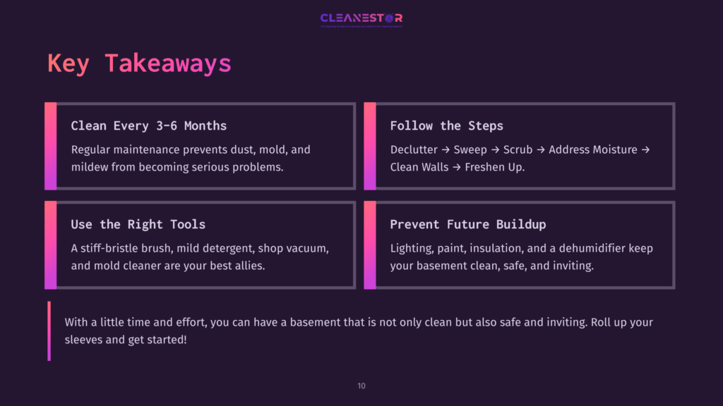 Infographic Titled &Quot;Key Takeaways&Quot; With Four Sections: &Quot;Clean Every 3-6 Months,&Quot; &Quot;Follow The Steps,&Quot; &Quot;Use The Right Tools,&Quot; And &Quot;Prevent Future Buildup.&Quot; The Infographic Emphasizes Basement Cleaning And Maintenance.