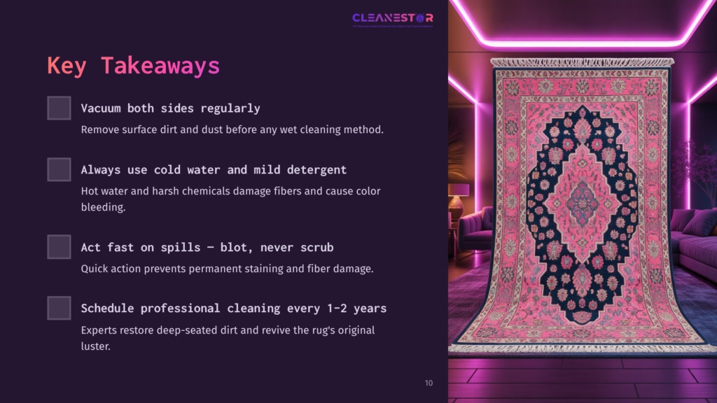A Vibrant Pink Persian Rug With Intricate Blue And Gold Floral Patterns Is Displayed In A Modern Room With Neon Purple Lighting. Text Overlays Offer Cleaning Tips: &Quot;Vacuum Both Sides Regularly,&Quot; &Quot;Always Use Cold Water And Mild Detergent,&Quot; &Quot;Act Fast On Spills - Blot, Never Scrub,&Quot; And &Quot;Schedule Professional Cleaning Every 1-2 Years.