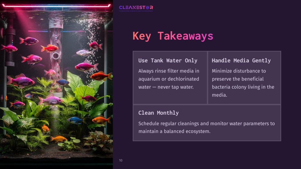 A Vibrant Aquarium With Neon Tetras And Lush Green Plants, Illuminated By Pink Led Lights. Text Overlay Reads &Quot;Cleanestor&Quot; And &Quot;Key Takeaways&Quot; With Bullet Points On Tank Maintenance.