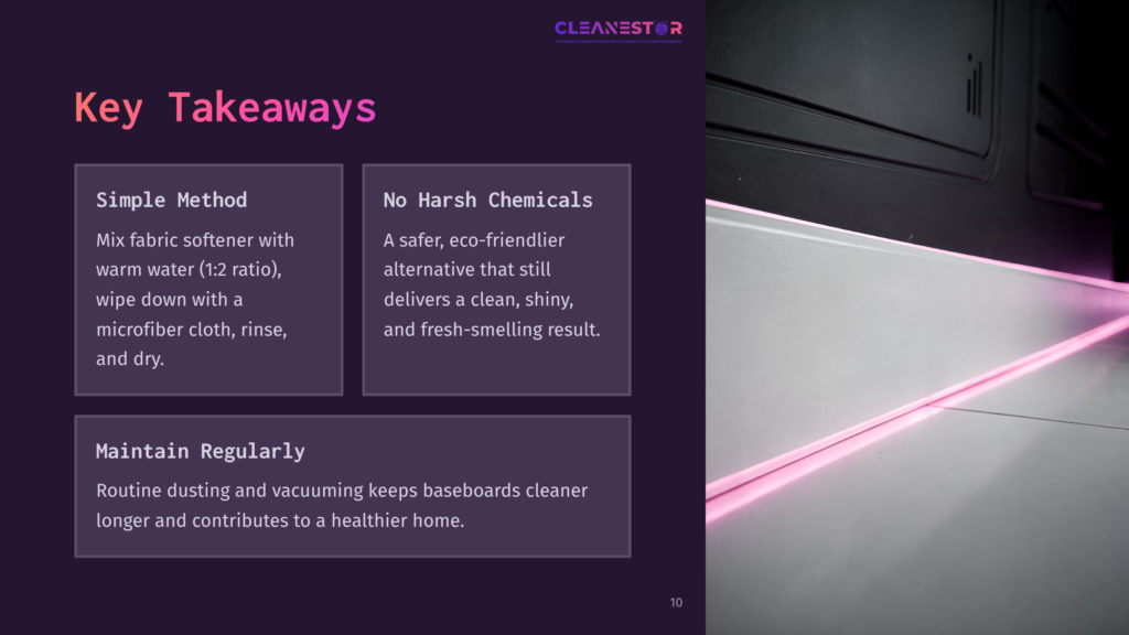 Cleanestor Logo At The Top Of A Dark Purple Slide With &Quot;Key Takeaways&Quot; In Large Pink Text. Below Are Three Text Boxes: &Quot;Simple Method,&Quot; &Quot;No Harsh Chemicals,&Quot; And &Quot;Maintain Regularly.