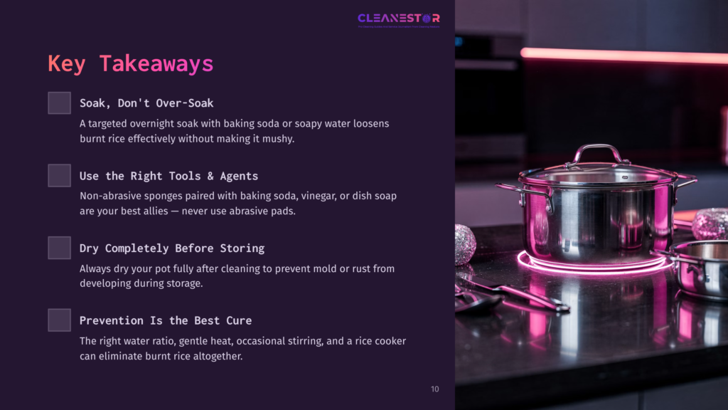 Cleanestor Logo And Text: &Quot;Key Takeaways&Quot; With Bullet Points On How To Clean Pots And Pans, Including &Quot;Soak, Don'T Over-Soak&Quot; And &Quot;Use The Right Tools &Amp; Agents.