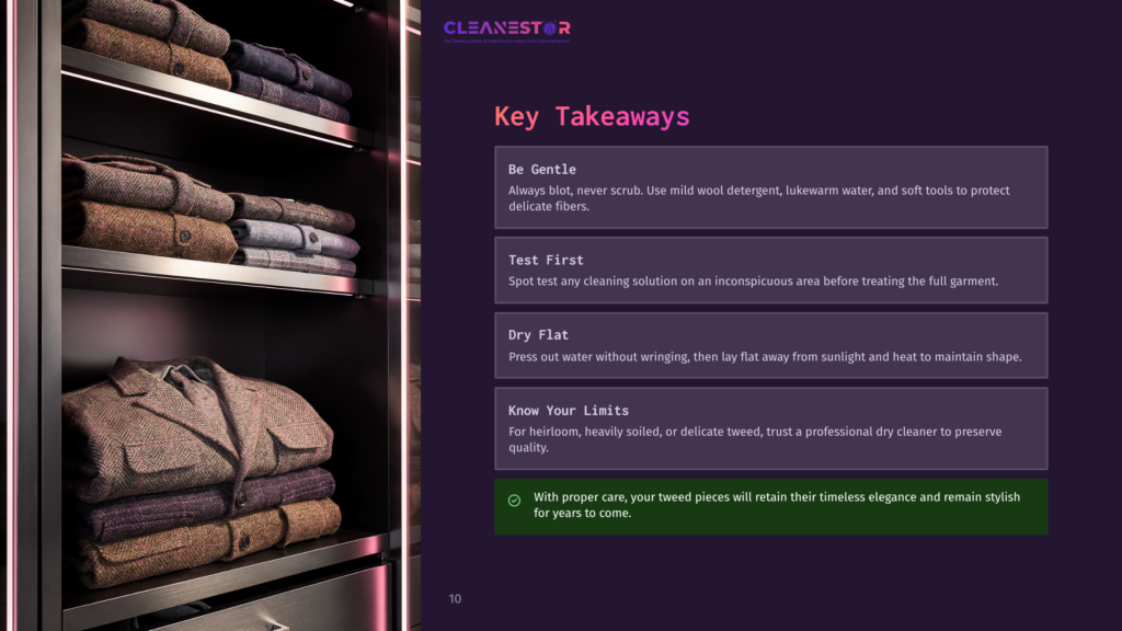 Cleanestor Logo And Key Takeaways For Garment Care: Be Gentle, Test First, Dry Flat, Know Your Limits. Image Shows Neatly Folded Tweed Jackets In A Wardrobe.