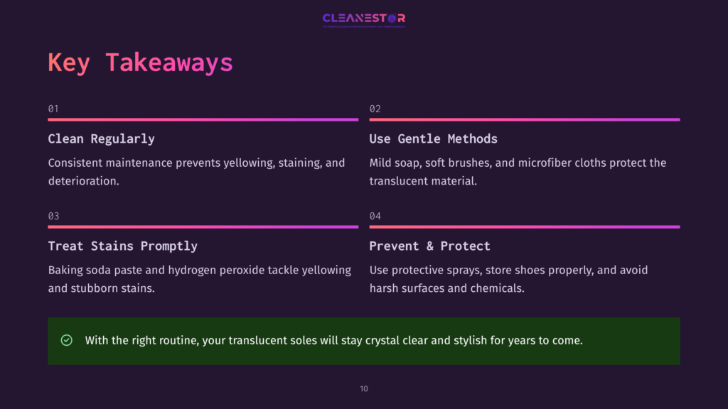 10 Key Takeaways 36 Key Takeaways For Cleaning Translucent Soles: Clean Regularly, Use Gentle Methods, Treat Stains Promptly, Prevent &Amp; Protect. Text On Slide Reads: &Quot;With The Right Routine, Your Translucent Soles Will Stay Crystal Clear And Stylish For Years To Come.