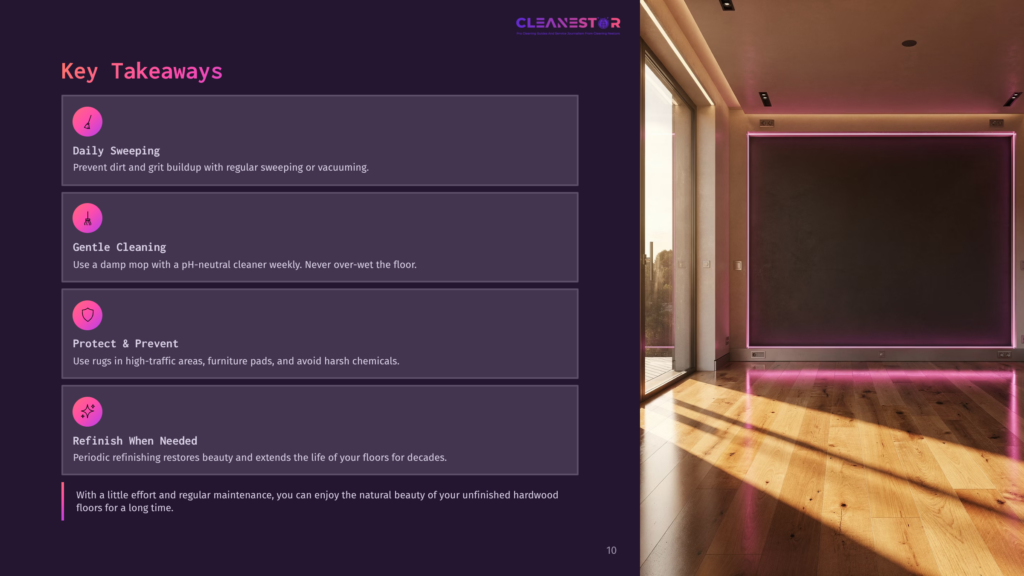 10 Key Takeaways 37 A Modern Living Room With Polished Hardwood Floors And A Large, Empty Frame On The Wall, Illuminated By Soft Pink Led Lighting. The Text &Quot;Cleanestor&Quot; Is Visible At The Top.