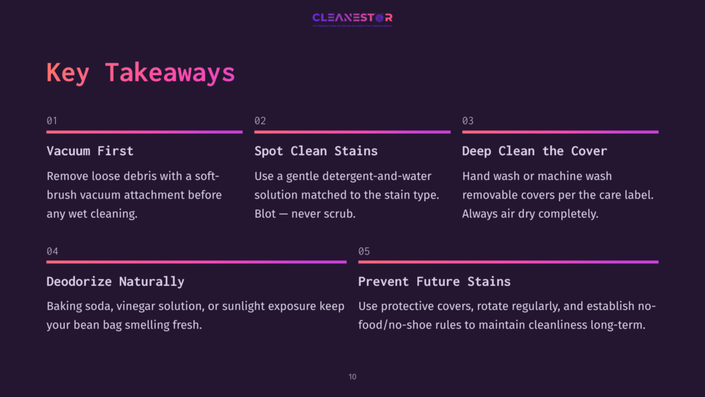 Key Takeaways For Bean Bag Cleaning: Vacuum First, Spot Clean Stains, Deep Clean Covers, Deodorize Naturally, And Prevent Future Stains. Text Overlay On A Dark Purple Background With Colorful Gradient Lines.