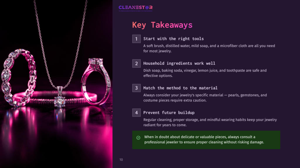 Cleanestor Logo And &Quot;Key Takeaways&Quot; Text With Numbered Tips For Jewelry Cleaning, Next To A Sparkling Diamond Necklace And Bracelet On A Dark Background.